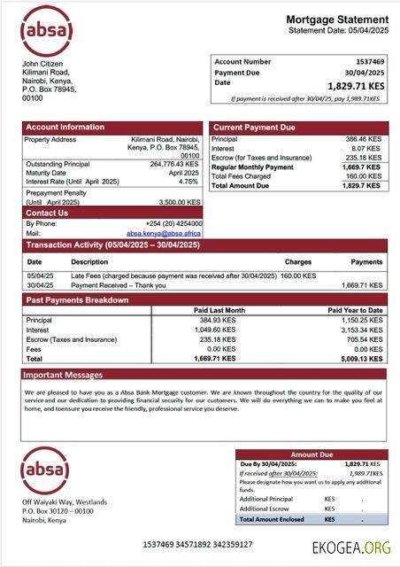 Modèle Word et PDF de relevé hypothécaire de la Kenya Absa Bank